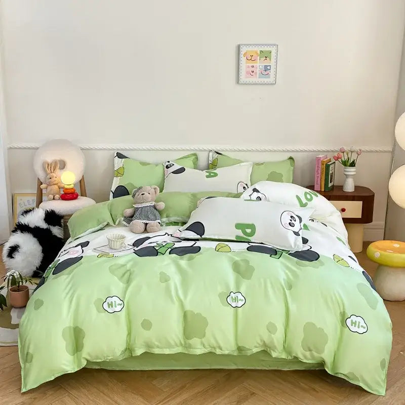 Decorbites™ king queen size light green animal pattern bedding set with playful hi speech bubbles and white accents