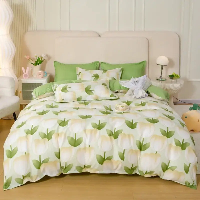 DecorBites animal pattern bedding set king queen size quilt with soft green cream stylized tulip design for home comfort