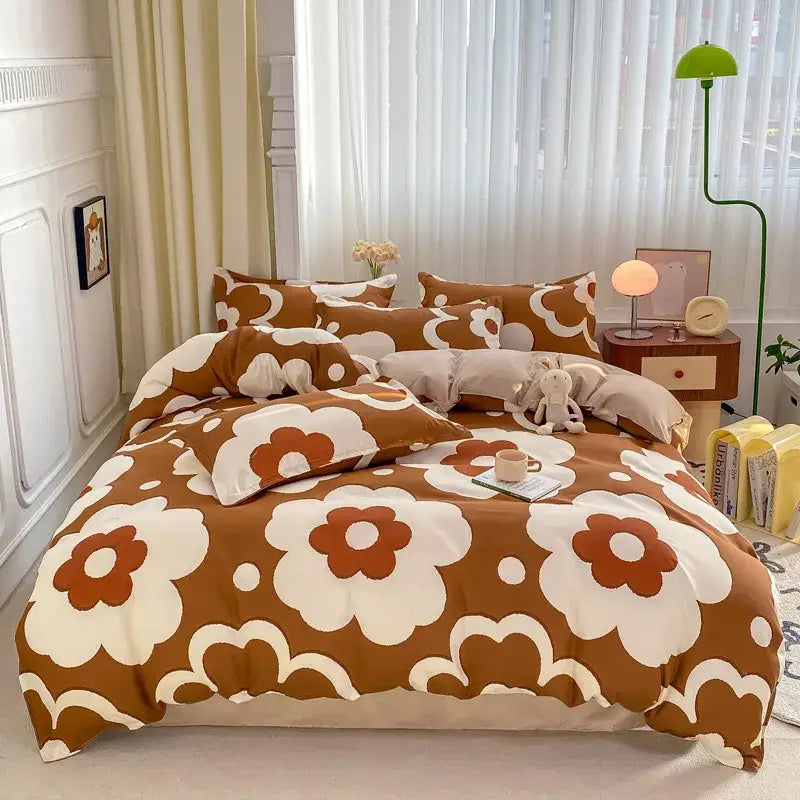 Decorbites™ animal pattern bedding set king queen size with brown cream floral design and soft cozy texture