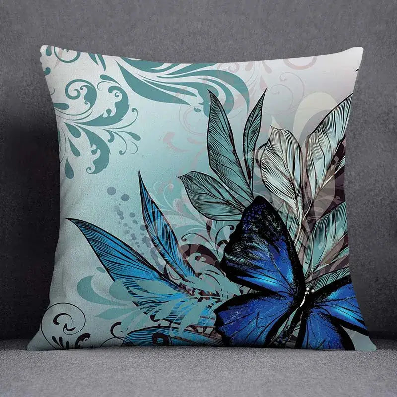 Square decorbites™ animal pattern decorative pillowcase 45x45cm with vibrant blue butterfly on teal and white floral background