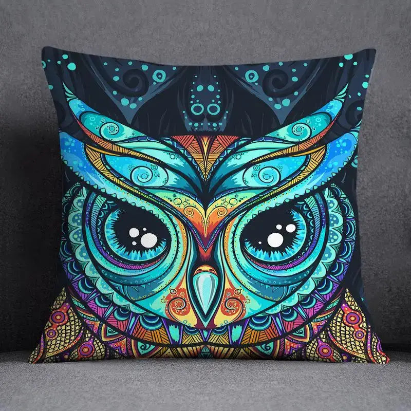 Decorbites™ animal pattern decorative pillowcase 45x45cm with vibrant owl psychedelic design in teal, blue, orange, and purple
