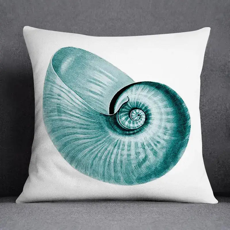 White throw pillow with a detailed teal nautilus shell design in DecorBites animal pattern decorative pillowcase 45x45cm