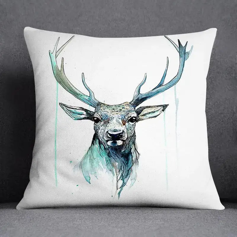 White DecorBites™ animal pattern decorative pillowcase 45x45cm with watercolor deer and teal blue antlers design