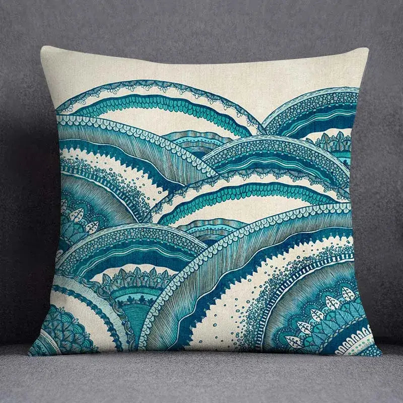 A square decorbites™ animal pattern decorative pillowcase with layered teal wave design on cream background 45x45cm