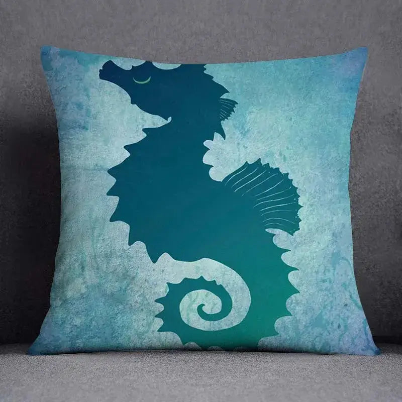 Decorbites™ animal pattern decorative pillowcase 45x45cm with deep teal seahorse silhouette on textured blue background