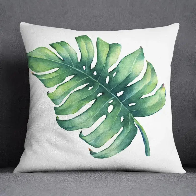 White throw pillow with vibrant green monstera leaf animal pattern decorative pillowcase for modern home and car use