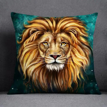 Decorbites™ animal pattern decorative pillowcase 45x45cm featuring a vibrant golden lion on teal cosmic background