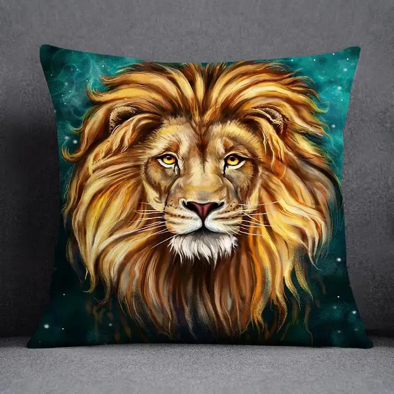 Decorbites™ animal pattern decorative pillowcase 45x45cm featuring a vibrant golden lion on teal cosmic background