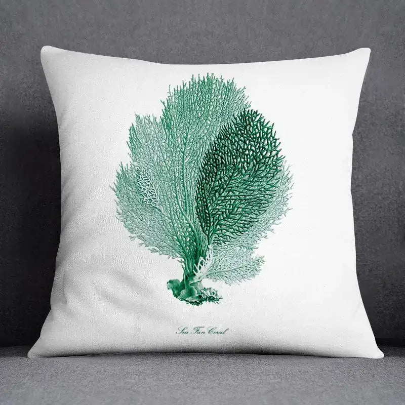 White animal pattern decorative pillowcase featuring green sea fan coral illustration and text for home and car use