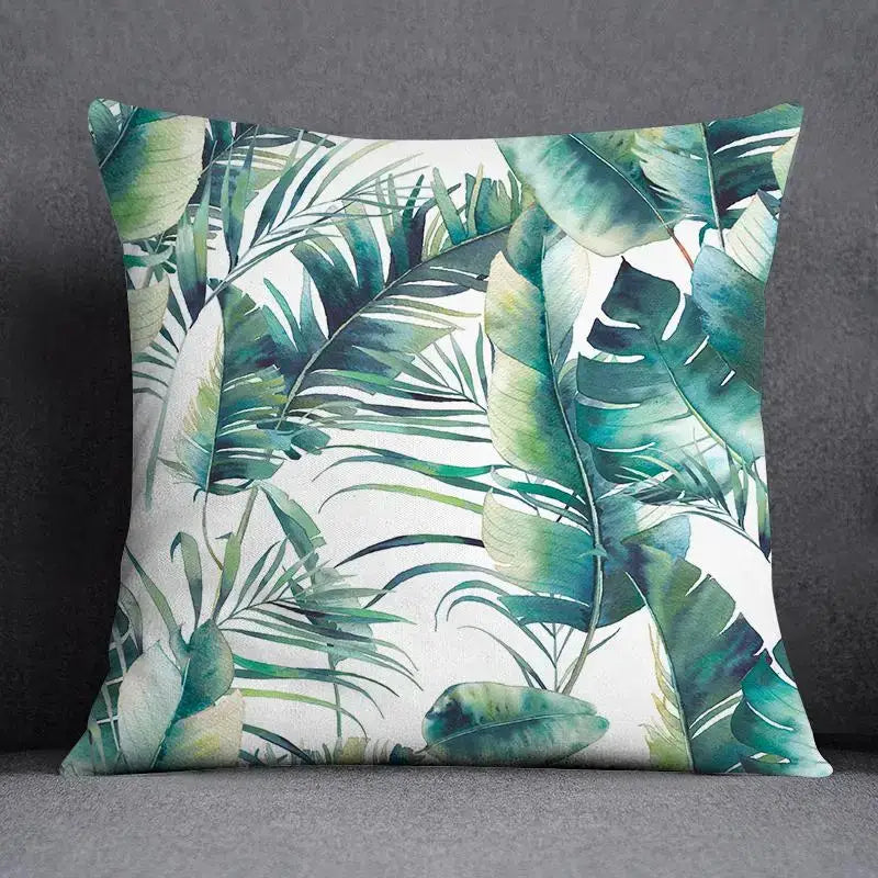 DecorBites™ animal pattern decorative pillowcase 45x45cm featuring vibrant green tropical leaf pattern on white background