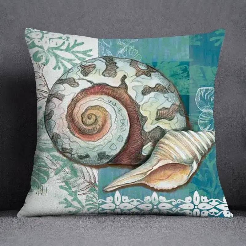 Decorbites™ animal pattern decorative pillowcase 45x45cm with seashell illustration on teal and off-white background
