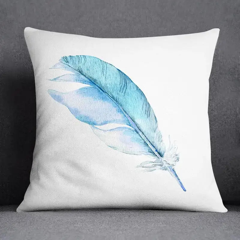 White throw pillow with a watercolor-style blue feather design in a decorbites™ animal pattern decorative pillowcase 45x45cm