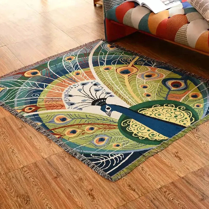 DecorBites™ animal pattern throw blanket with a vibrant peacock design in blues greens and golds for stylish sofa cover
