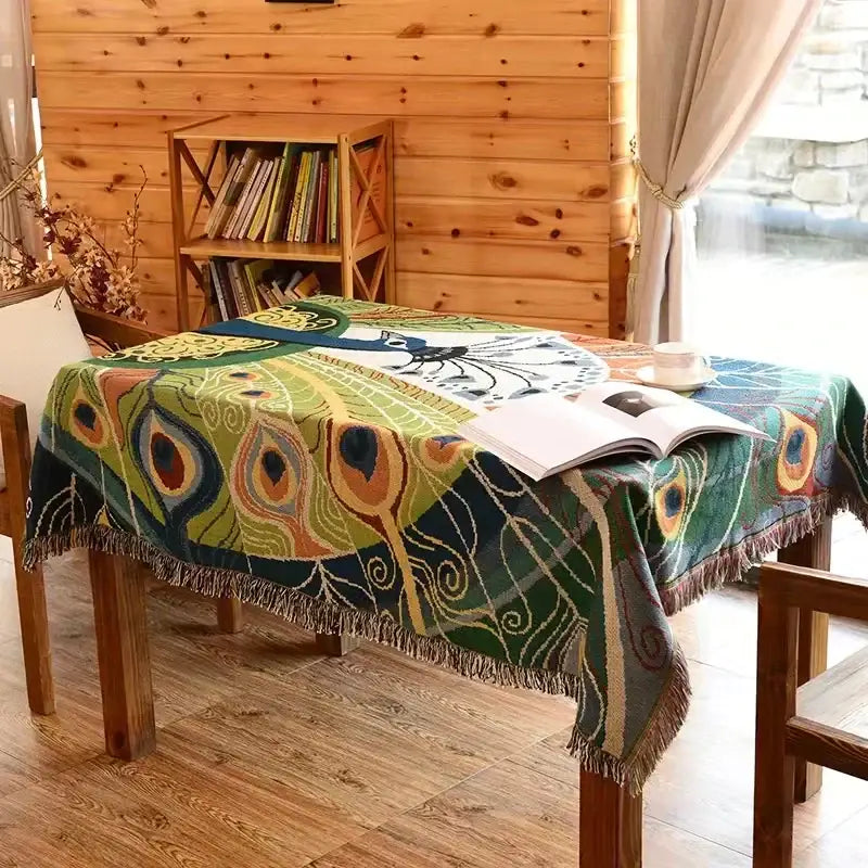DecorBites™ animal pattern throw blanket with vibrant green and blue peacock feather pattern and fringed edges