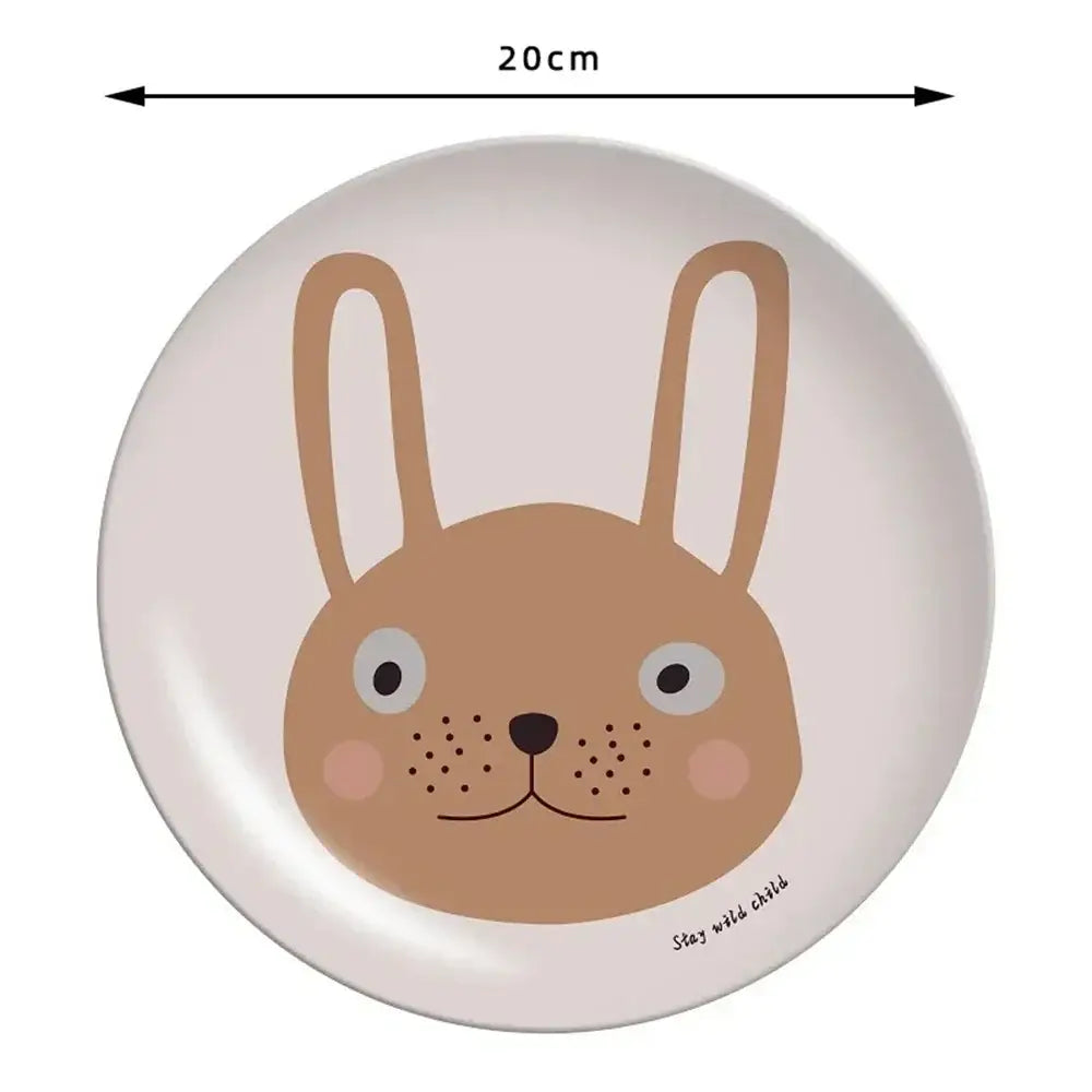 A 20cm round DecorBites™ bamboo fiber salad plate with a minimalist brown bunny animal print on off-white background
