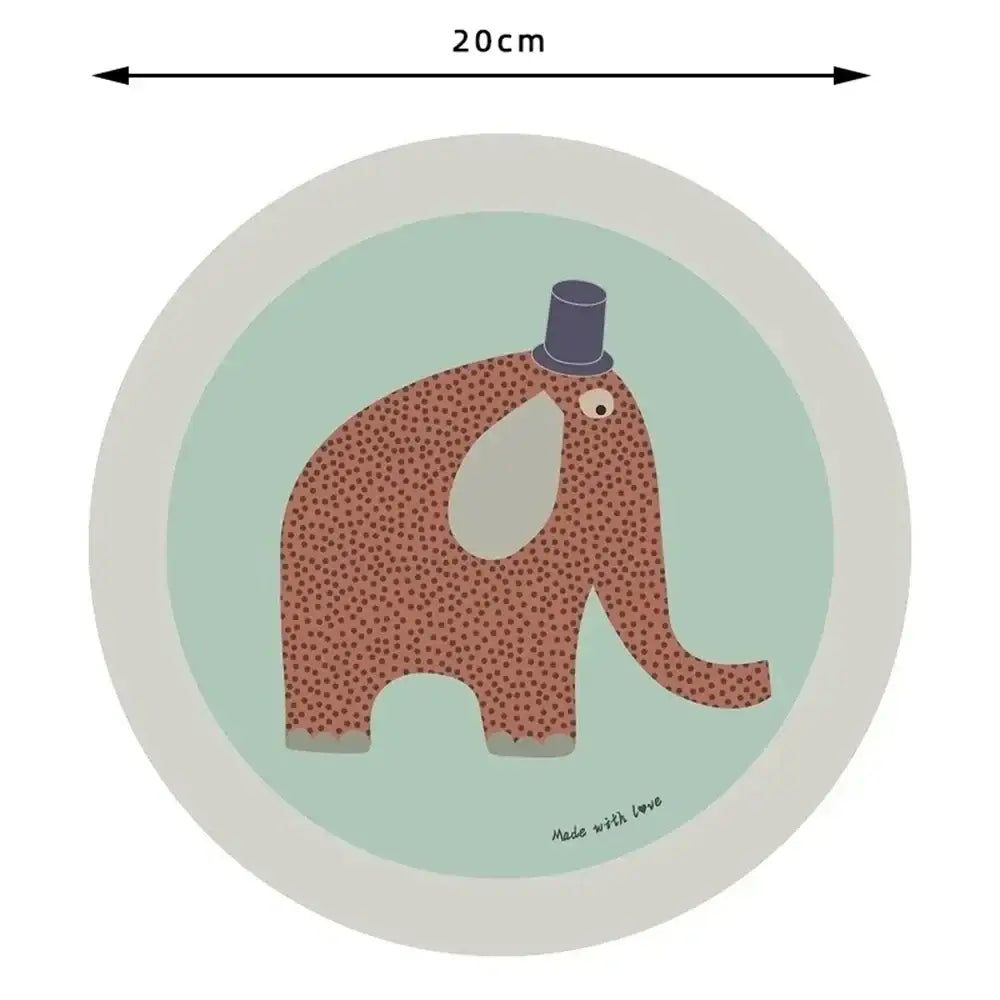 A brown spotted elephant with a dark blue top hat on a circular mint green bamboo fiber animal print salad plate