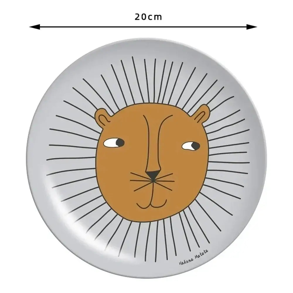 A 20cm white ceramic bamboo fiber salad plate with an orange animal print lion face and black radiating lines