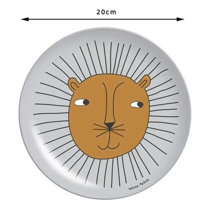 A 20cm white ceramic bamboo fiber salad plate with an orange animal print lion face and black radiating lines