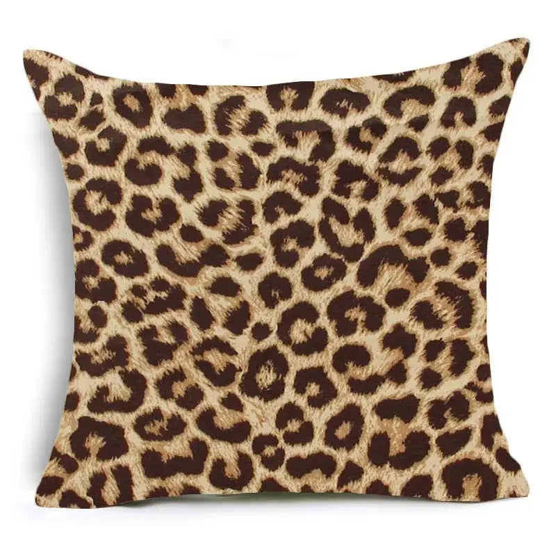 Square-shaped animal print pillowcase cushion cover with bold leopard pattern in rich brown and tan tones textured fabric