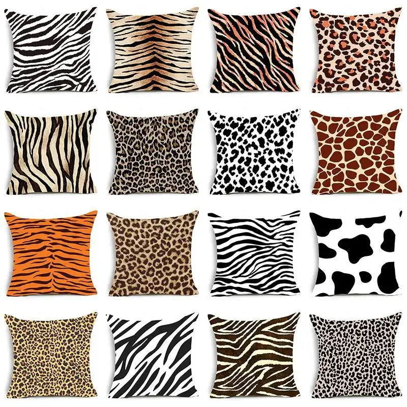 A collection of DecorBites™ animal print pillowcase cushion covers featuring zebra leopard giraffe and cow patterns for sofa decor