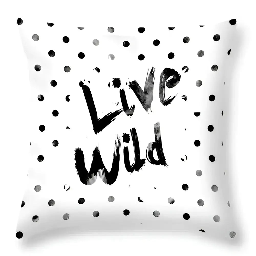 White throw pillow with live wild text and polka dots in decorbites™ animal print pillowcase cushion cover for sofa