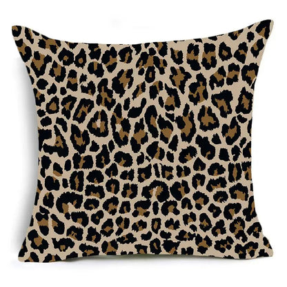 Square-shaped decorbites™ animal print pillowcase cushion cover with bold leopard print in black tan on beige background