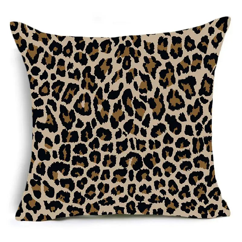 Square-shaped decorbites™ animal print pillowcase cushion cover with bold leopard print in black tan on beige background