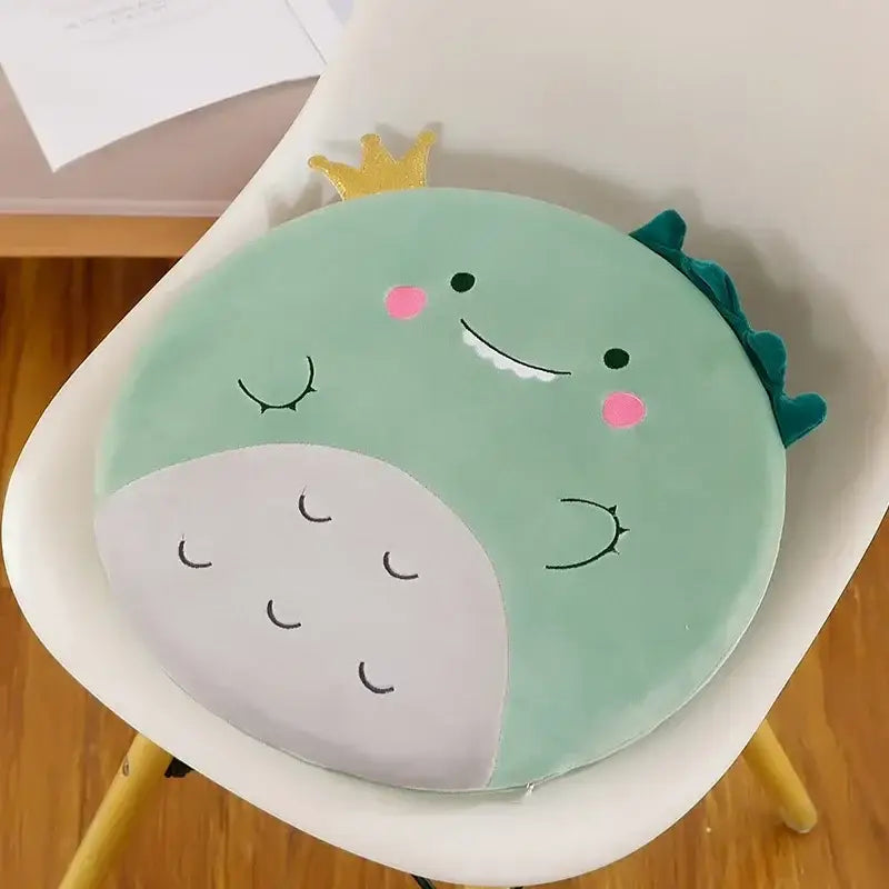 DecorBites™ animal print round office chair cushion in mint green velvet with memory foam and plush dinosaur design