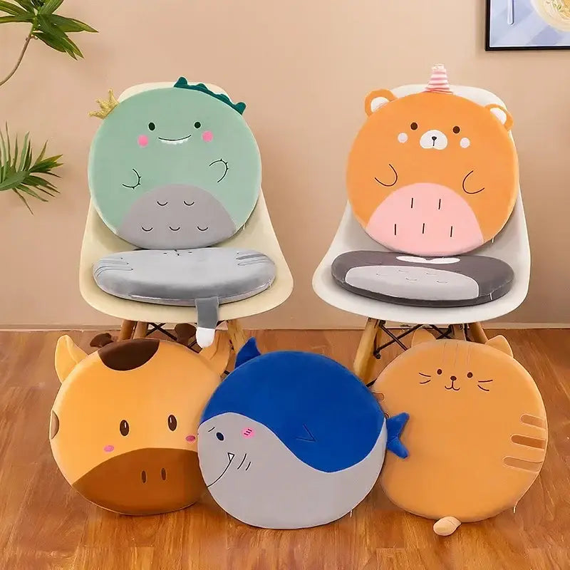 Decorbites animal print round office chair cushion with memory foam and velvet cover in pastel cartoon animal faces