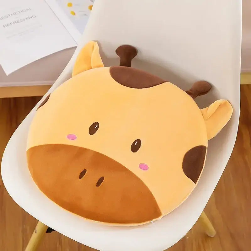 Decorbites™ animal print round office chair cushion shaped like a yellow and brown giraffe with embroidered face and memory foam