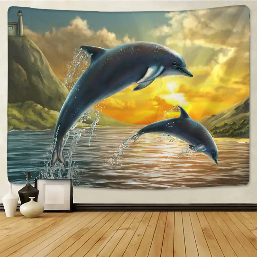 Decorbites™ animal psychedelic tapestry featuring two dolphins leaping at sunset in orange and gold hues over wooden floor