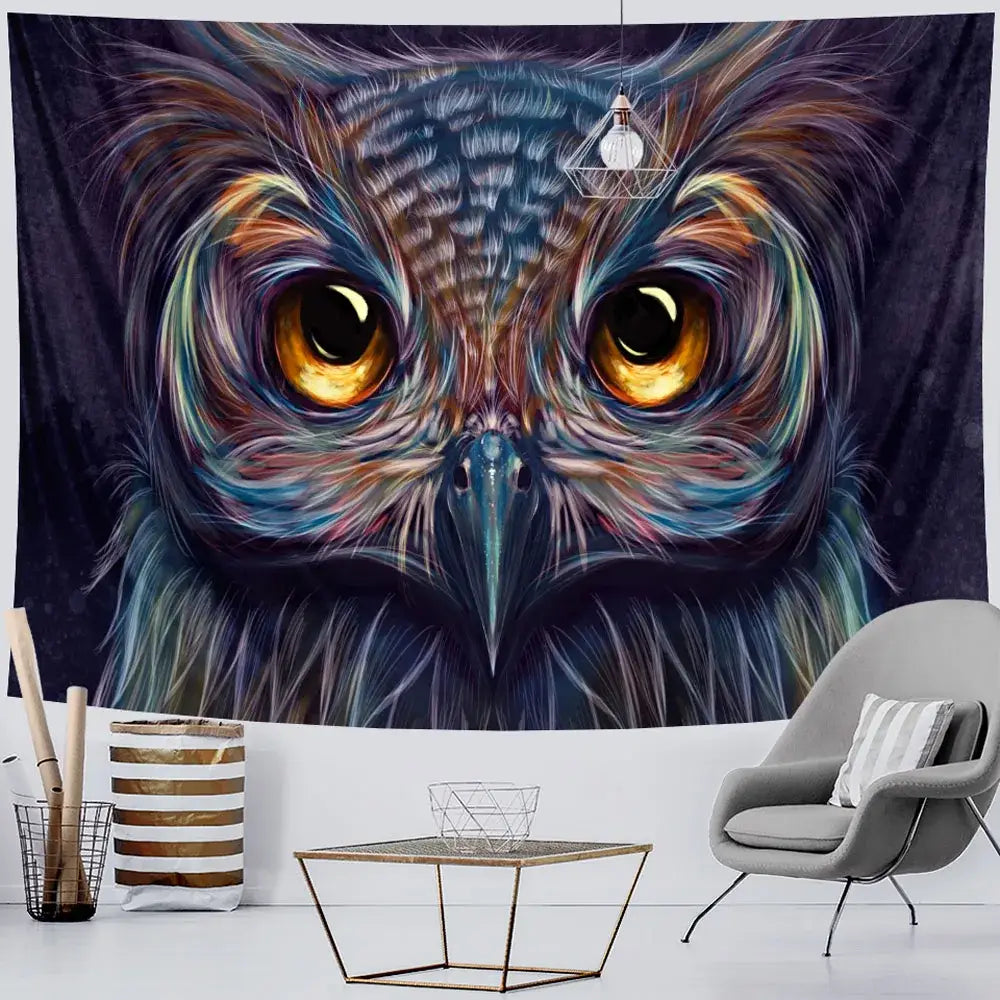 Vibrant decorbites™ animal psychedelic tapestry featuring a detailed owl with golden eyes in blue teal brown and orange hues