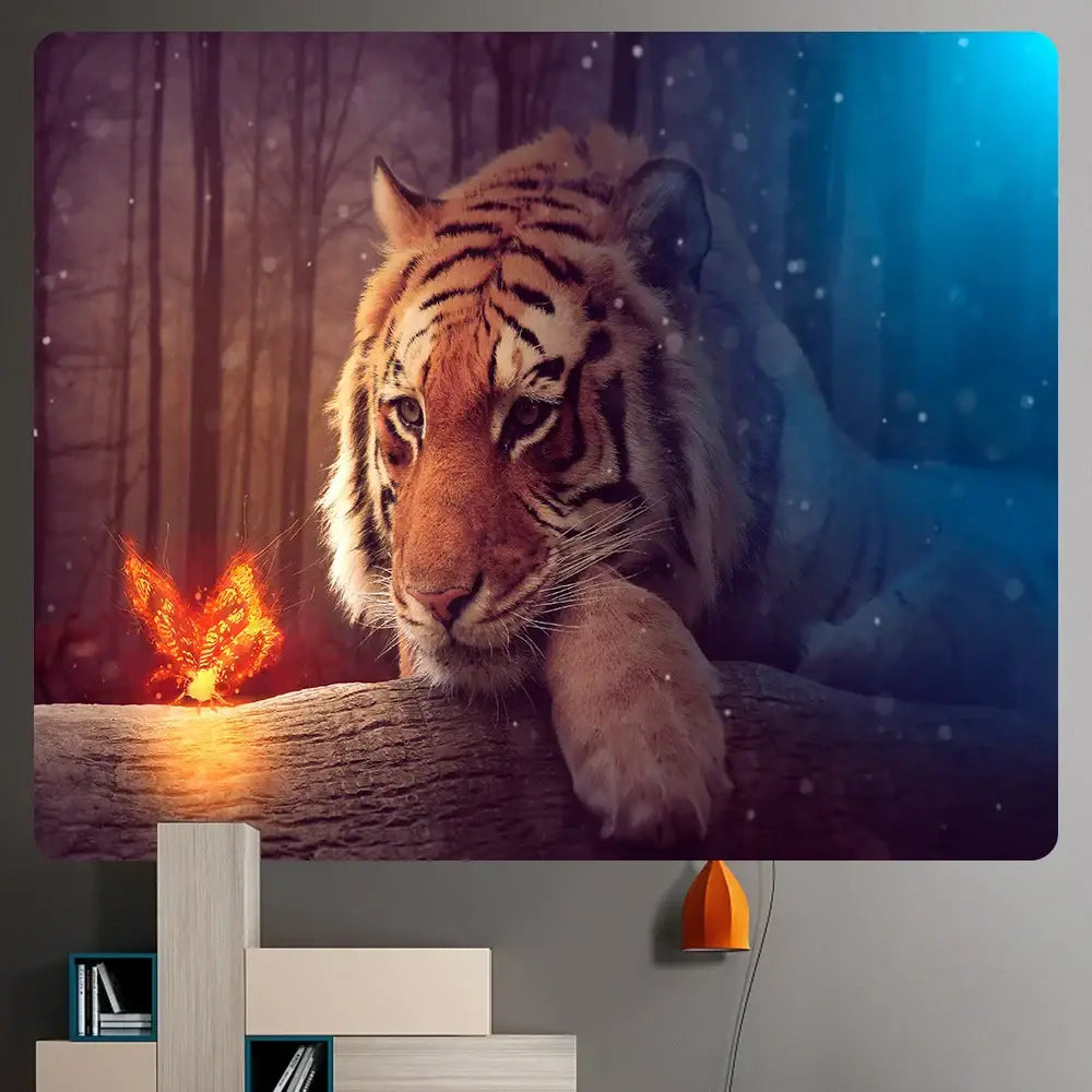 Rectangular wall-mounted canvas print featuring an orange and black tiger with a fiery butterfly in a dark forest animal psychedelic tapestry