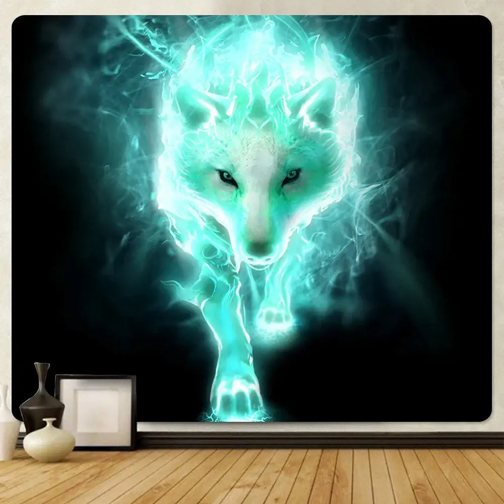 Decorbites™ animal psychedelic tapestry featuring a glowing teal wolf with electric energy on a black wall hanging