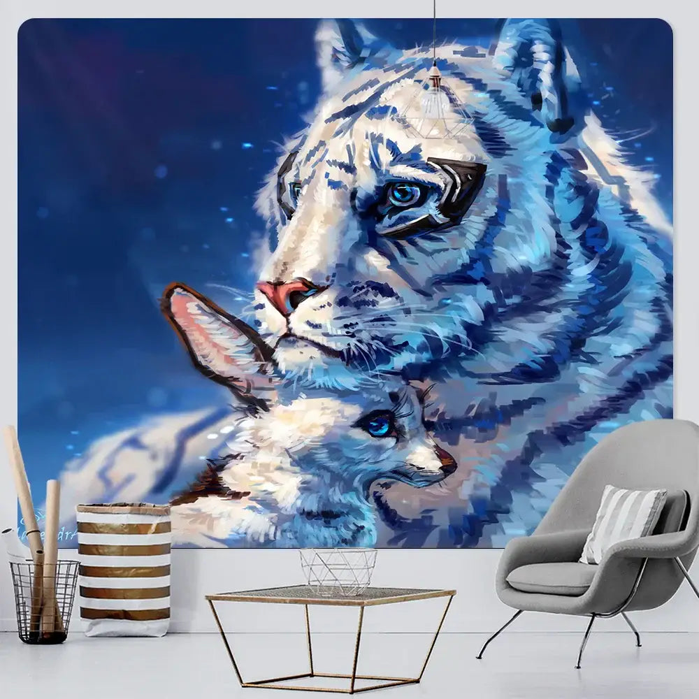 Decorbites™ animal psychedelic tapestry featuring a vibrant blue and white mural of a white tiger and fox for bohemian decor
