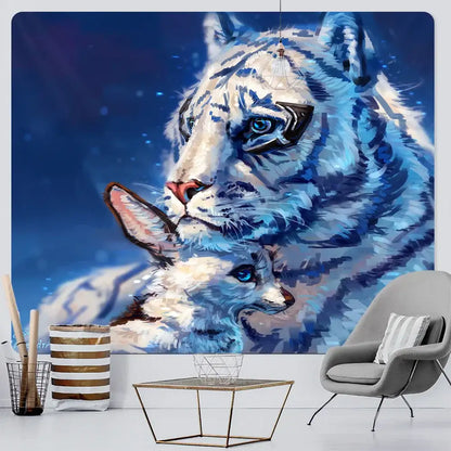 Decorbites™ animal psychedelic tapestry featuring a vibrant blue and white mural of a white tiger and fox for bohemian decor