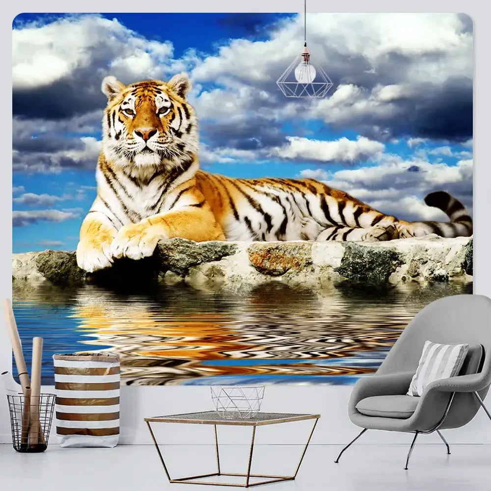 Decorbites™ animal psychedelic tapestry featuring a vibrant orange and black tiger with reflective water design for decor