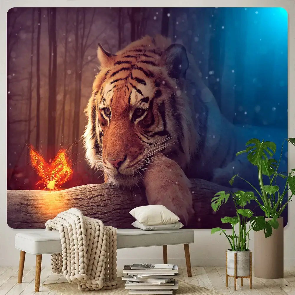 A vibrant animal psychedelic tapestry featuring an orange and black tiger with a glowing butterfly for bohemian decor