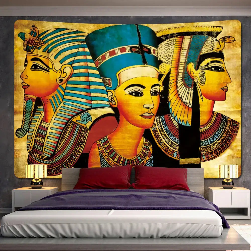 Decorbites™ animal psychedelic tapestry featuring egyptian pharaohs in gold blue red for home decor and yoga mat use