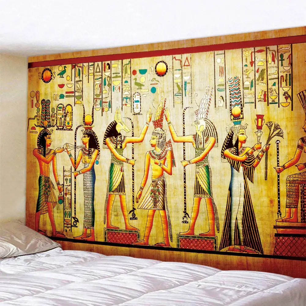 Decorbites™ animal psychedelic tapestry featuring egyptian-themed hieroglyphics on golden-yellow home decor yoga mat