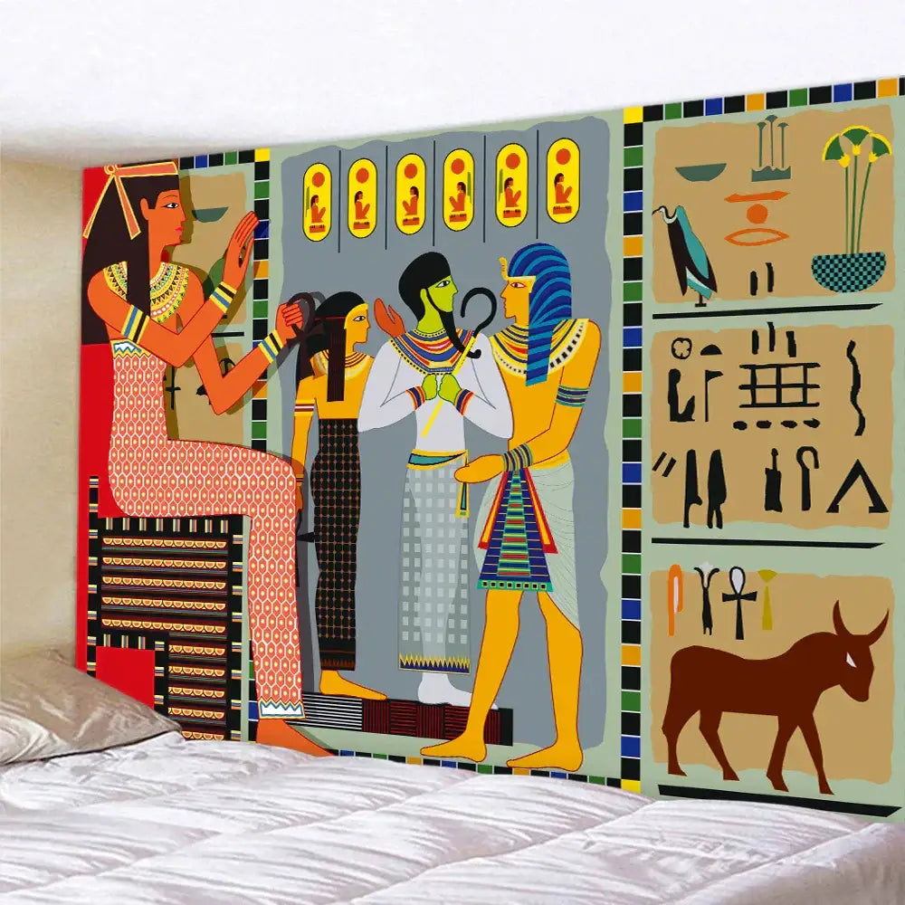 DecorBites™ animal psychedelic tapestry featuring vibrant Egyptian-themed figures and hieroglyphics for home decor and yoga mat use