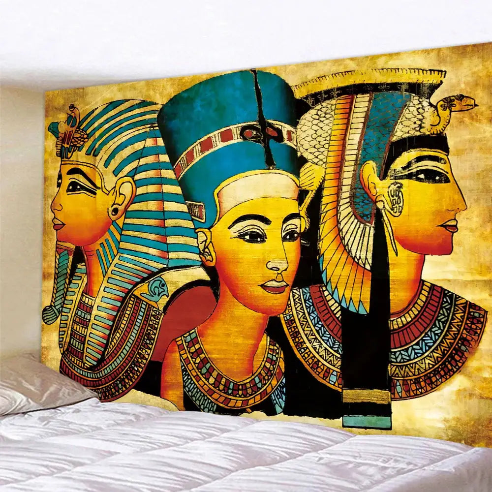 DecorBites™ animal psychedelic tapestry featuring vibrant Egyptian pharaoh portraits in gold blue and red for home decor and yoga mat use