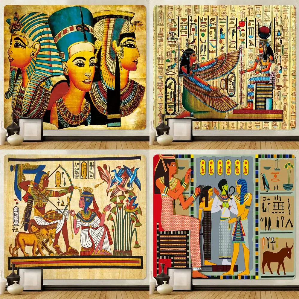 DecorBites™ animal psychedelic tapestry featuring vibrant Egyptian-themed hieroglyphic designs for home decor or yoga mat use