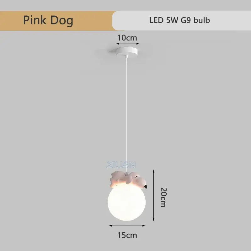 Decorbites™ animal resin pendant lamps featuring a pink dog resin pendant lamp with a white glass shade for children