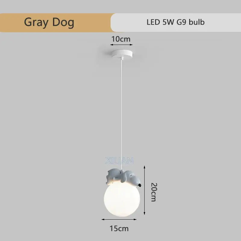 Gray dog-shaped resin pendant lamp with white spherical bulb from DecorBites™ animal resin pendant lamps collection