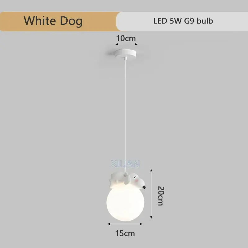 White dog-shaped resin pendant lamp with frosted glass globe and soft white plastic body for children’s room lighting