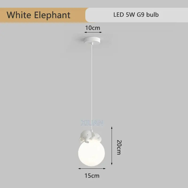 White elephant-shaped animal resin pendant lamp with frosted glass globe matte white finish for children’s room
