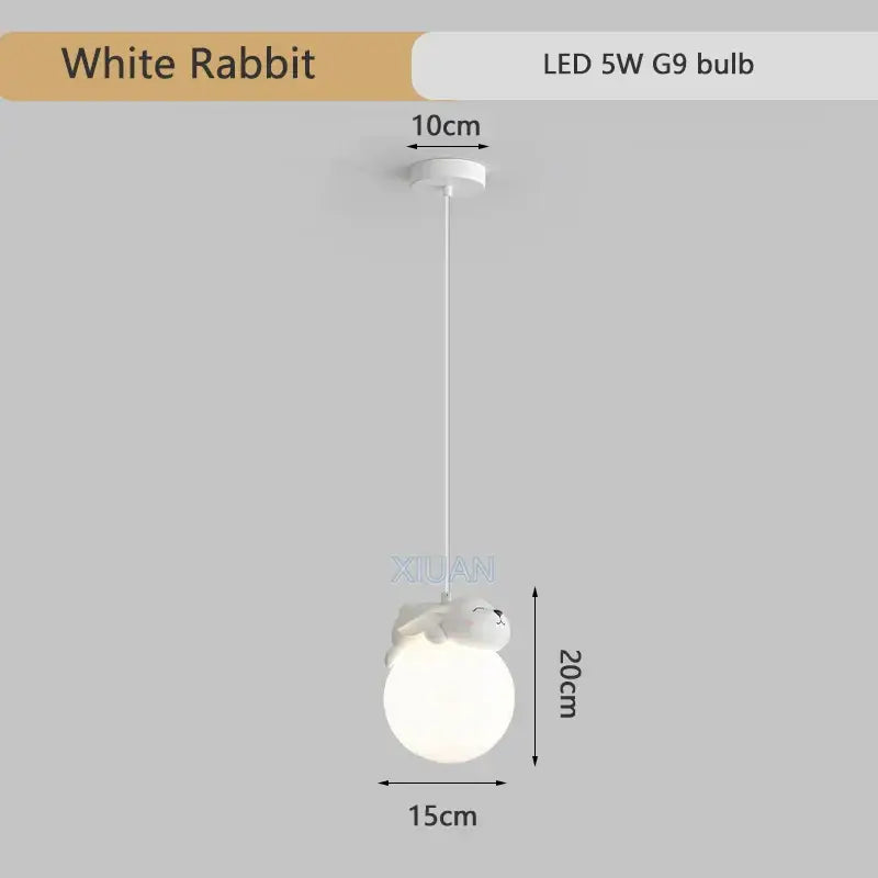 White rabbit resin pendant lamp with plush-like figure on frosted glass globe by DecorBites for children’s room