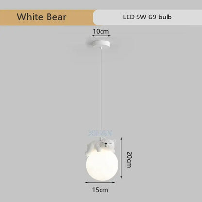 White bear-themed animal resin pendant lamp with spherical frosted glass shade for children’s room lighting