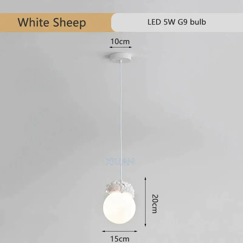 Decorbites™ white sheep animal resin pendant lamp with frosted glass shade and sculpted resin figure for children rooms